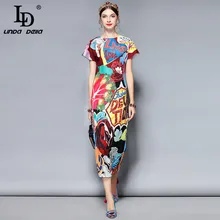 Женское платье с надписью LD LINDA DELLA, летнее цветное платье с коротким рукавом, яркая надпись с бисером, платье средней длины в стиле ретро