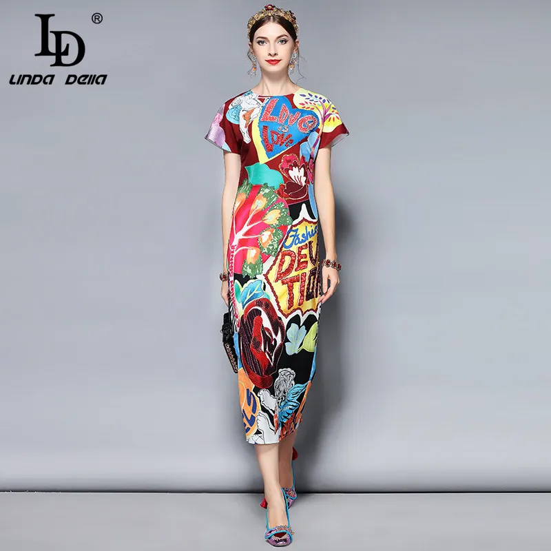 LD LINDA DELLA Fashion Runway Summer Dress Women's Short Sleeve Gorgeous Crystal Letter Beading Printed Midi Elegat Dress LD LINDA DELLA Fashion Runway Summer Dress Women's Short Sleeve Gorgeous Crystal Letter Beading Printed Midi Elegat Dress