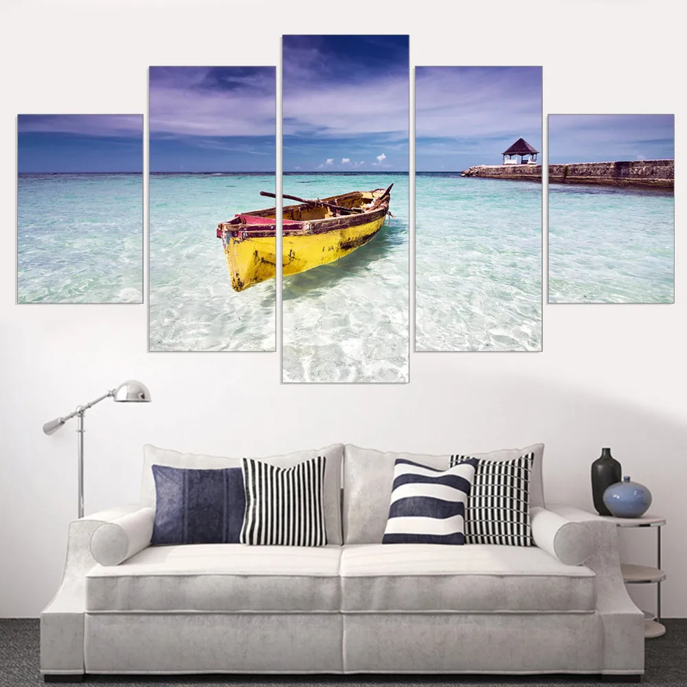Canvas-Painting-Blue-Ocean-Yellow-Boat-Seascape-Oil-Picture-Wall-Art-Poster-Seaview-Art-Print-Mordern