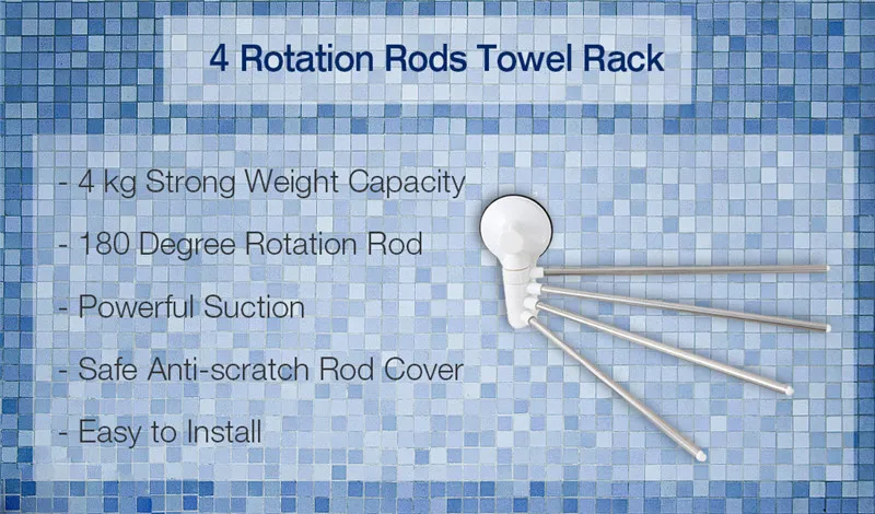 Mrosaa 180 Вращающийся держатель для полотенец для ванной комнаты, 4 стержня, водонепроницаемая мощная присоска, вешалка для полотенец из нержавеющей стали, органайзер, вешалка