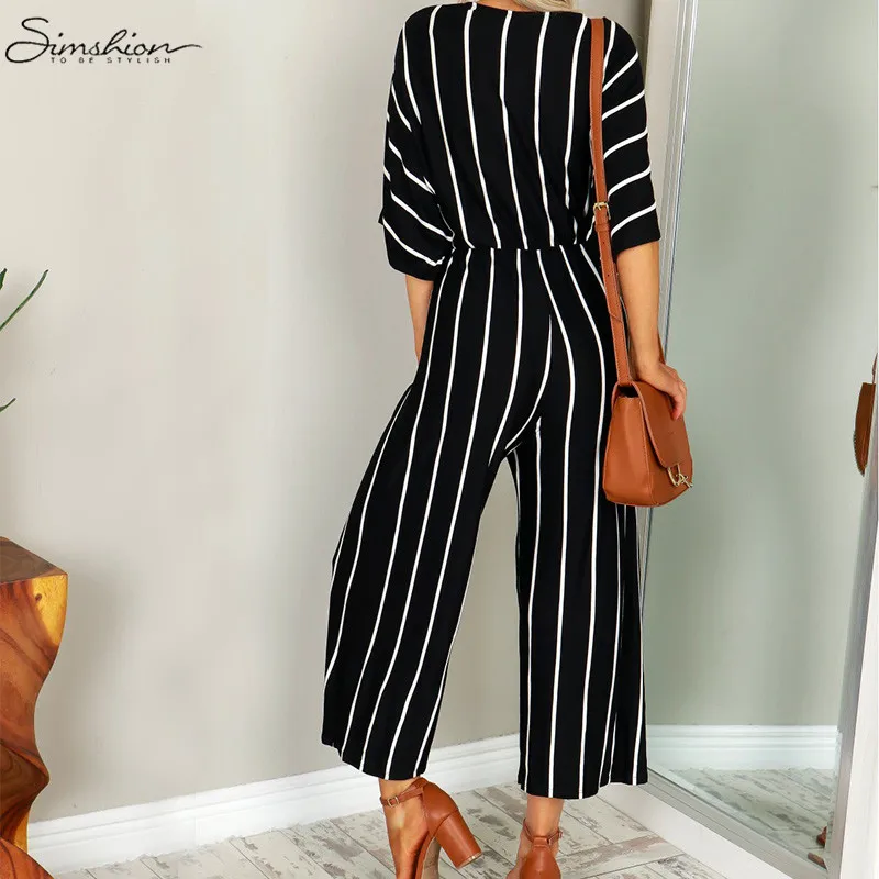 Fashion Women Wide Leg Jumpsuit 2018 Summer Casual Pant V-neck Short Sleeve Striped Romper Trouser Office Long Playsuit Bodysuit