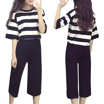 

Summer Women' Set Fashion Casual Striped T-shirt + Loose Wide Leg Pants 2pcs Set