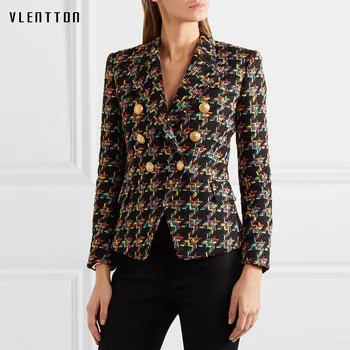 

Tweed blazer woman spring autumn 2019 new office elegant Short Blazer Women Double Breasted plaid blazer Jacket ladies Overcoat