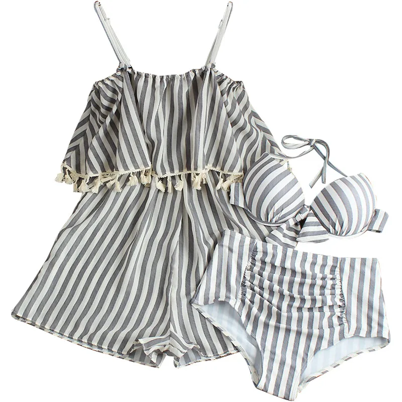 

2019 New Three Piece Bikini Set Swimwear Striped Bathing Suit Swimming Women Underwire Swimsuit Swim Beach Wear Summer Biquinis