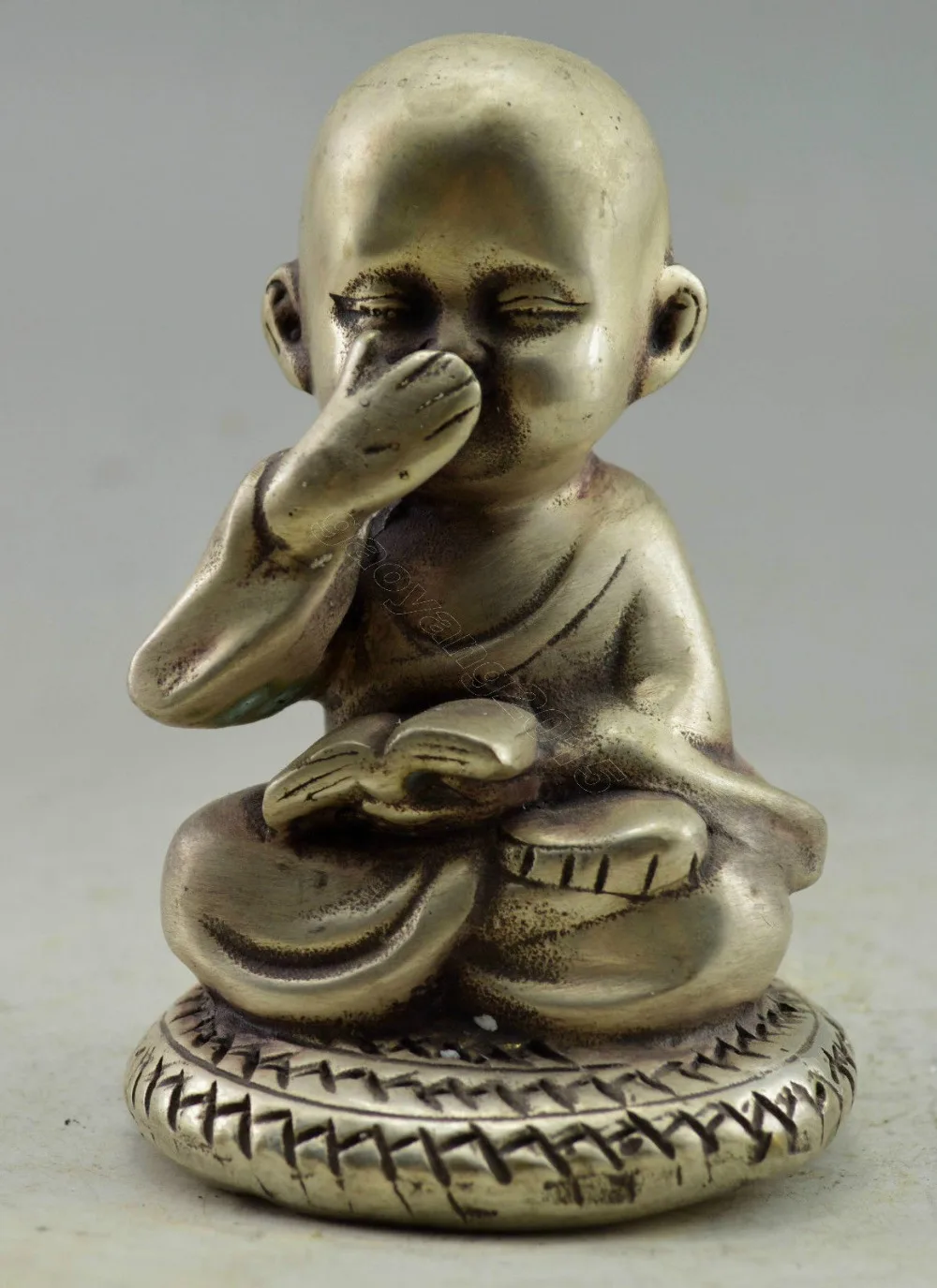 

Crafts statue Chinese Decorated Handwork Silver Plate Copper Carved Monk No Speak Statue