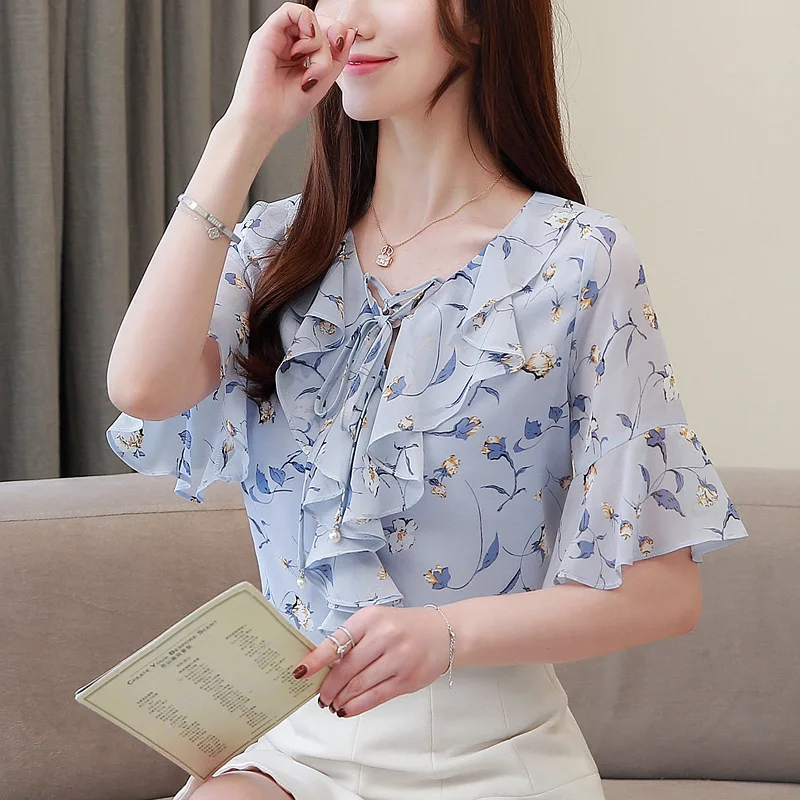 

New Style Fashion Women V Collar Loose Lotus Sleeve Sweet Summer Chiffon Shirts Blouses