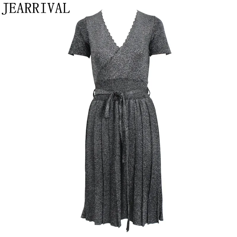 Runway Knitted Summer Dress 2017 New Elegant Women Sequins Color Sexy V Neck Pleated Office Evening