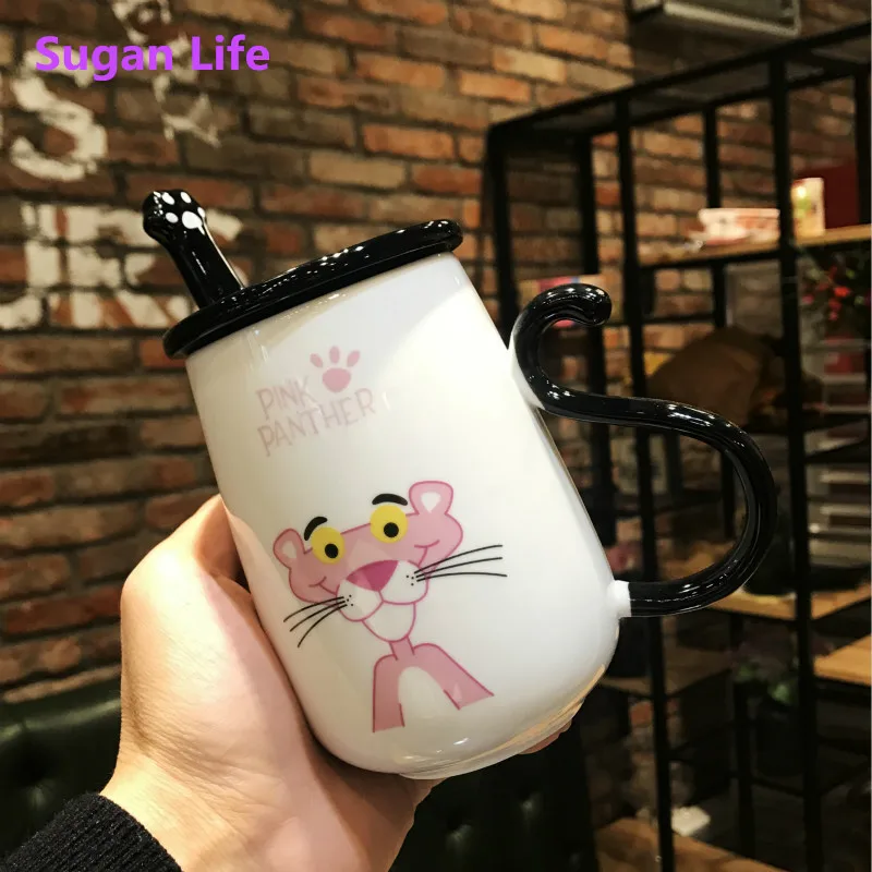 

Creative Super Cute Ceramic Cup 500ml Schoolgirl Mug Pink Panther Coffee Cup Couple Cup with Cover Spoon Valentine's Day Gift