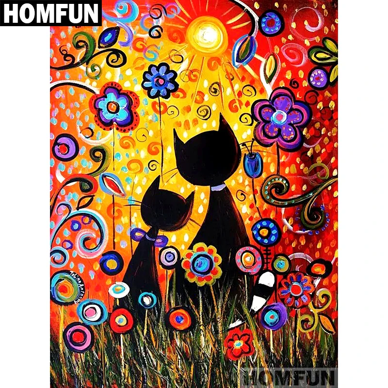 Алмазная живопись HOMFUN A01344 Кот и цветок полноразмерная/круглая вышивка крестиком