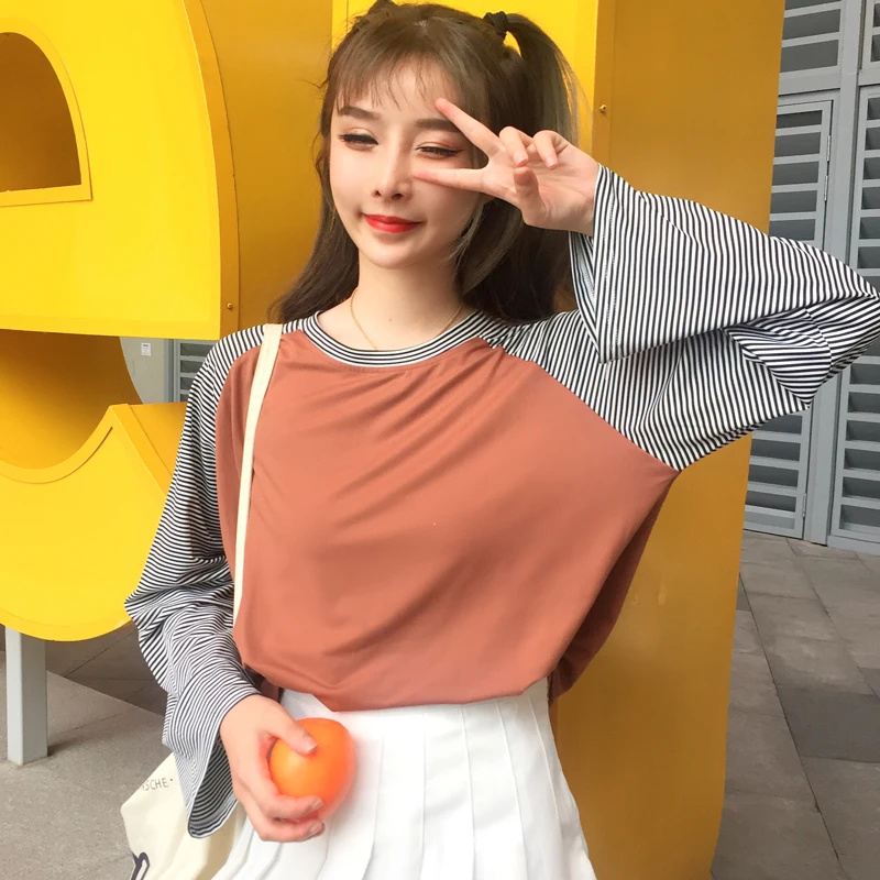 

Ins Striped Stitching T Shirt Female Korean Harajuku Women's T-shirts Tops Japanese Kawaii Ladies Ulzzang Clothes For Women