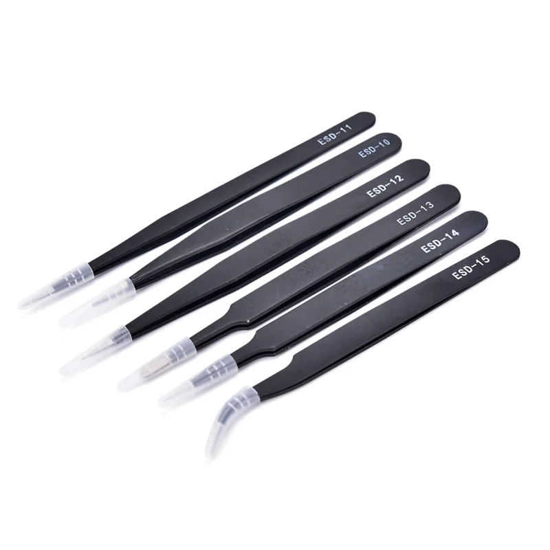 6pcs/LOT Precision ESD Tweezers Set, stainless steel anti-static tweezers Repair Tool Soldering Station Welding Assist