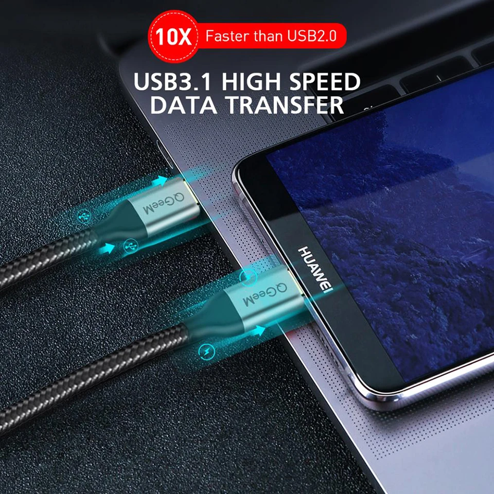 QGeeM USB 3 1 Type C к кабель Gen2 PD 60 Вт зарядный провод нейлоновый шнур для Samsung S9 S8 Macbook