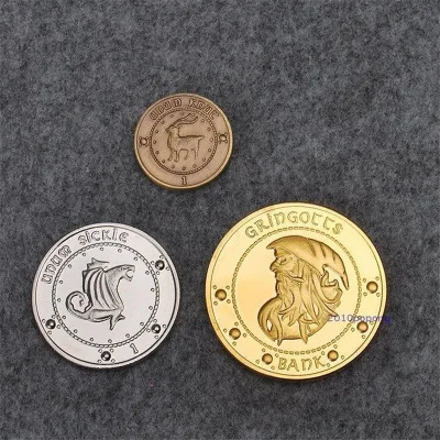 

Anime movie Gringotts bank Gringotts Wizarding Bank gold Coin badge HP oof cosplay Set of coins unum sickle unum knut Metal