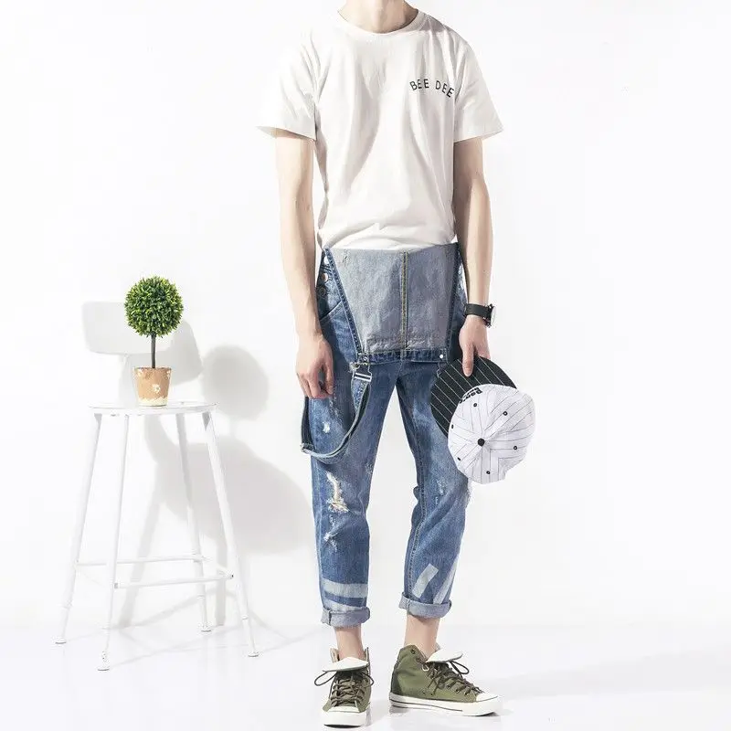 2019 Primavera Autunno Moda uomo skinny jean tuta Casual tute di jeans per gli uomini di Sesso Maschile denim Strappati Bretelle della tuta Bavaglini 050701