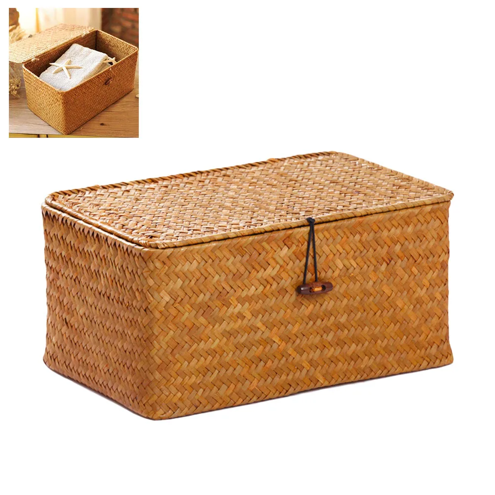 

Handmade Seaweed Woven Storage Basket with Lid Home Toy Makeup Organizer Storage Box Laundry Baskets Storage Basket