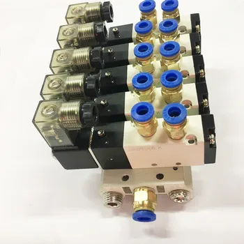 

1/8 Inch Airtac 4V110-06 5 Way 5 Solenoid Valve Connected Mufflers Base 8mm Quick Fittings Set DC 12V 24V AC 110V 220V