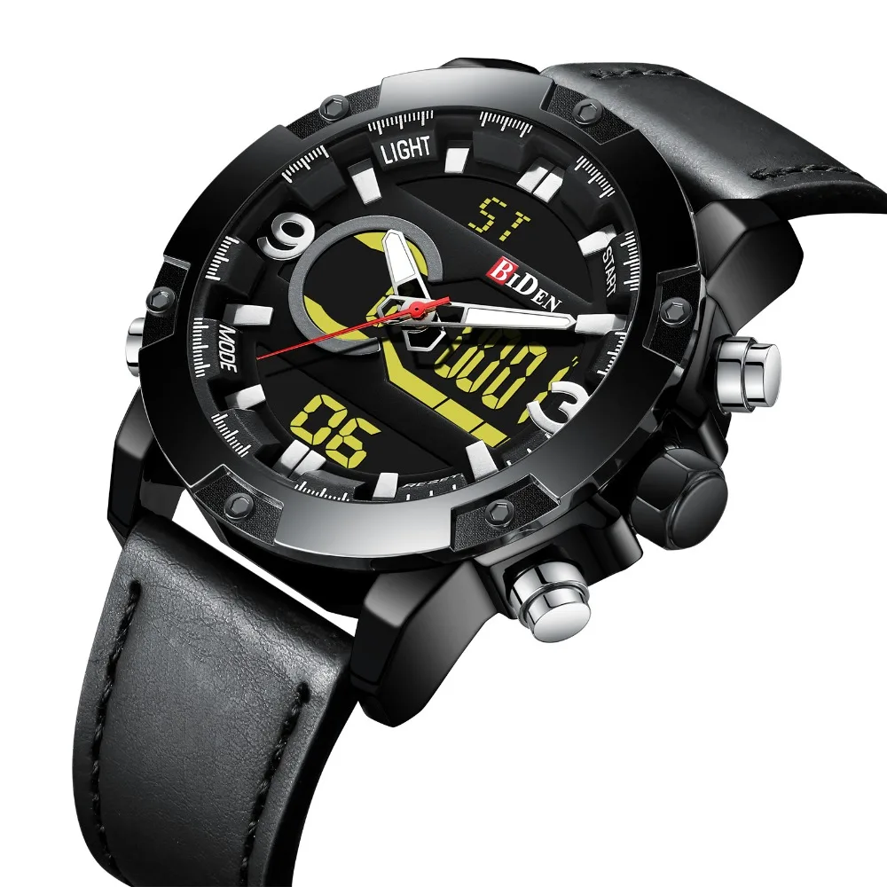

business BIDEN brand man watches genuine leather waterproof mens sports wristwatches quartz digital Multifunction men's clocks