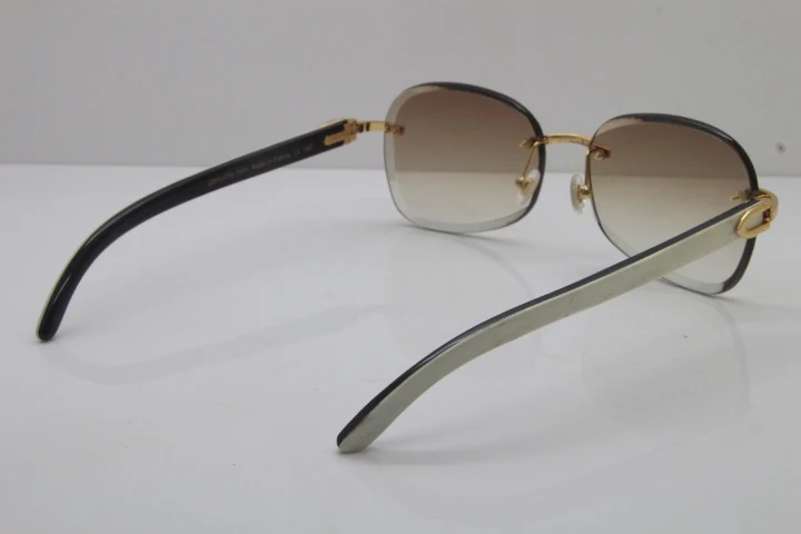 2018 New Cartier Rimless  T8200847 White Mix Black Buffalo Horn Sunglasses in Gold Brown Lens (8)
