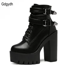 Fashion 2016 Brand Autumn Women Boots High Heels Platform Buckle Lace Up Leather Short Booties Black Ladies Shoes Good Quality