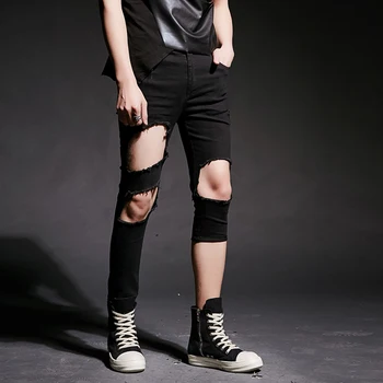 

2019 Tide Boy Night Show Costume Hole Slim Ankle Pants Asymmetric Jeans