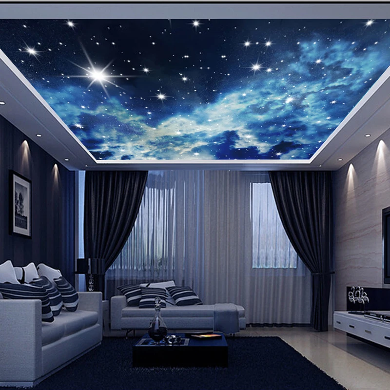 Large Custom Wall Mural 3d Ceiling Murals Wallpaper Blue Sky Stars Universe 3d Photo Mural For Hall Room 3d Wall Murals