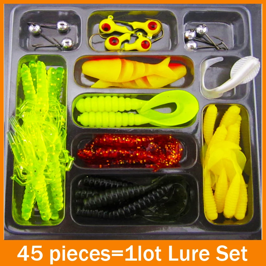 

New On Sale 35pcs soft bait 10pcs lead head hook in one set 1sets/lot soft fishing lure set soft bait fishing tackle