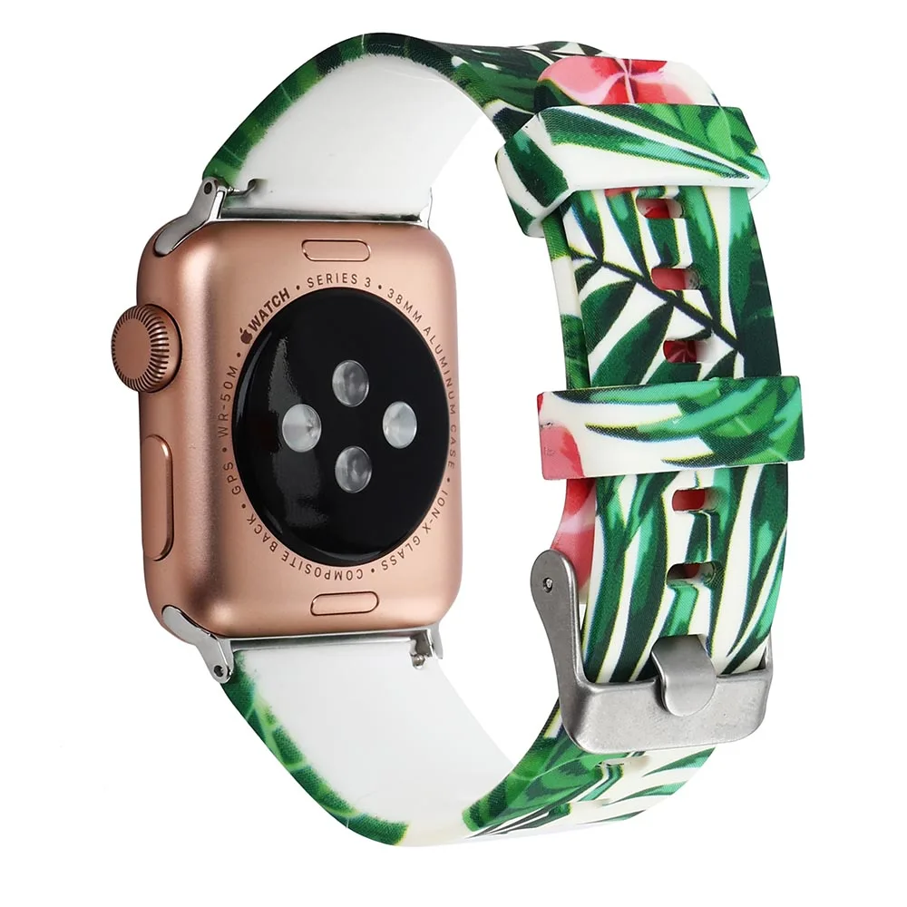 Ремешок силиконовый для Apple watch Series 6 5 4 3 2 1 SE браслет с цветочным принтом iWatch 38 мм 42