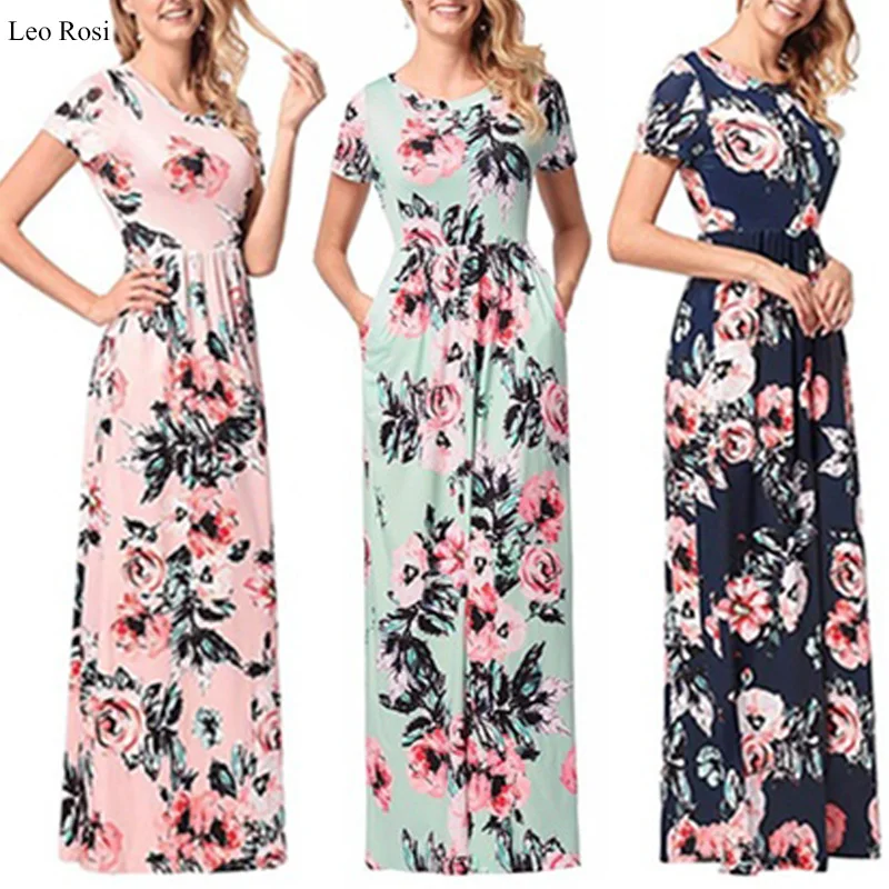 

Women Summer Dress 2019 Casual Short Sleeve Long Dress Boho Floral Print Maxi Dress O-neck pocket Elegant Dresses Vestido DT66