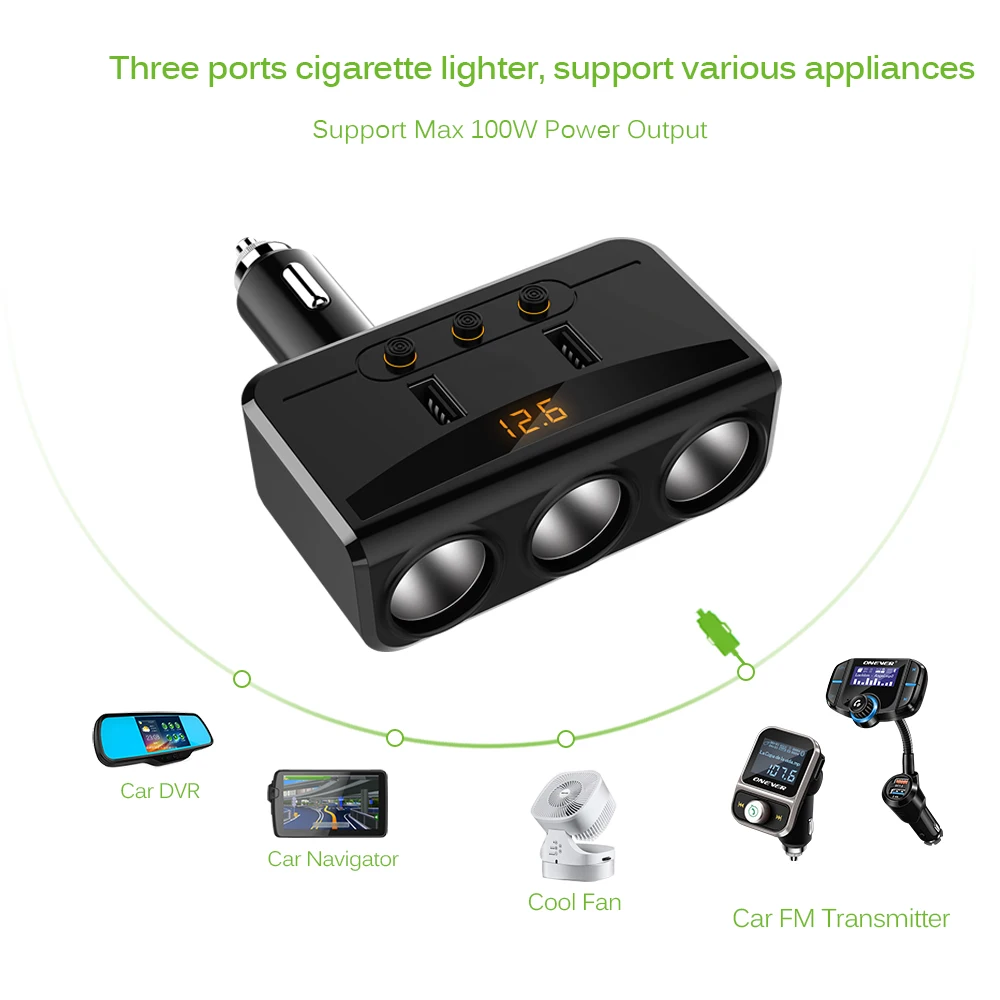 Универсальный 3 Way 100 W гнездо для автомобильного прикуривателя с разъемом 12 V-24 V Мощность адаптер макс. 5 в 3.1A 2 зарядных порта USB для автомобиля Зарядное устройство с вольтметром ЖК-дисплей