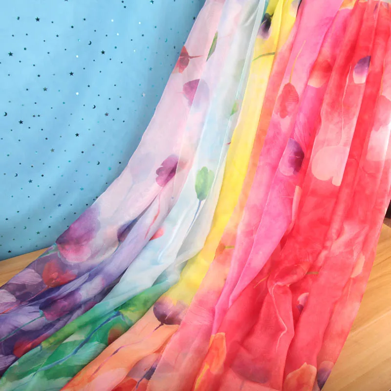 

30D Printed Chiffon Dress Fabric Tencel Chiffon Thin Flowing Beach Skirt Sunscreen Scarf Stage Cosplay Tulip Flower print