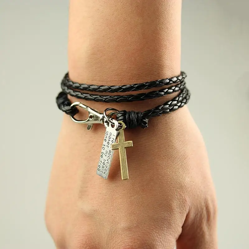 2016 Hot Sale Fashion Men Jewelry Vintage Leather Bracelet Mens Cross Bracelets Best Friendship Bangles Pulseras MB1759