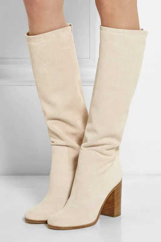 

2018 Fall Boots For Woman Chunky High Heels Long Boots Beige White Suede Knee High Gladiator Boots Plus Size 42 Hot Selling