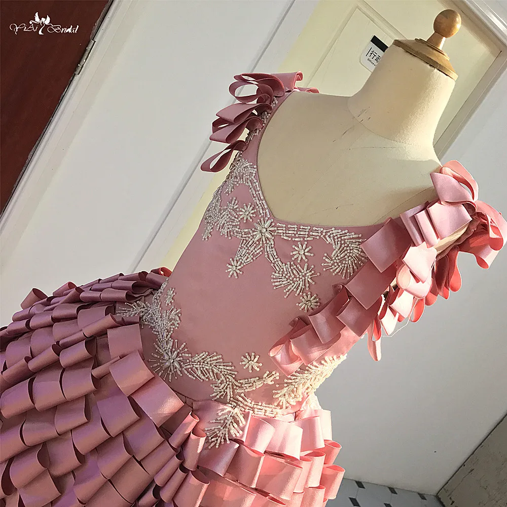 FG87 Same Mom Dress Ribbons Ruffles Ball Gown For Kids Pageant pink flower girl dress short (3)