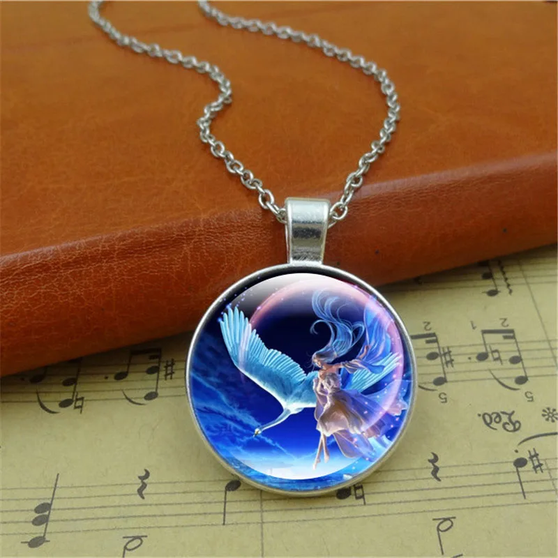 Cabochon Verre Collier Argent//Bronze//Noir Pendentif ( Fleur Paix Signe