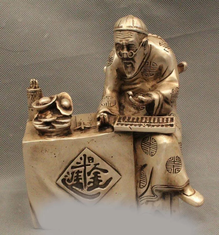

7"Chinese Folk Fengshui Silver Lucky Money antiquity accountant Geezer Statue