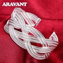 Grand Bracelet en toile tissée en argent 925 pour femmes, manchette ouverte Simple, bijoux cadeaux de fête
