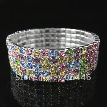 

FREE SHIPPING, 5 ROWS MUTICOLOR RHINESTONE STRETCH BRACELET JEWELRY