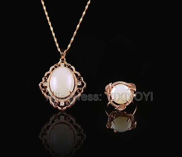 

925 Silver Natural White HeTian Jade Beads Inlay Gem Stone Hollow Lucky Pendant Necklace Ring Fine Jewelry Set Girl's Gift