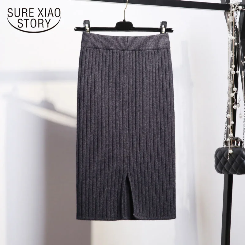 

Women Back Elegant Midi Pencil Skirt Autumn Winter 2019 Knitted Skirt High Waist Skirts Womens Causal Femme long skirt 1909 50