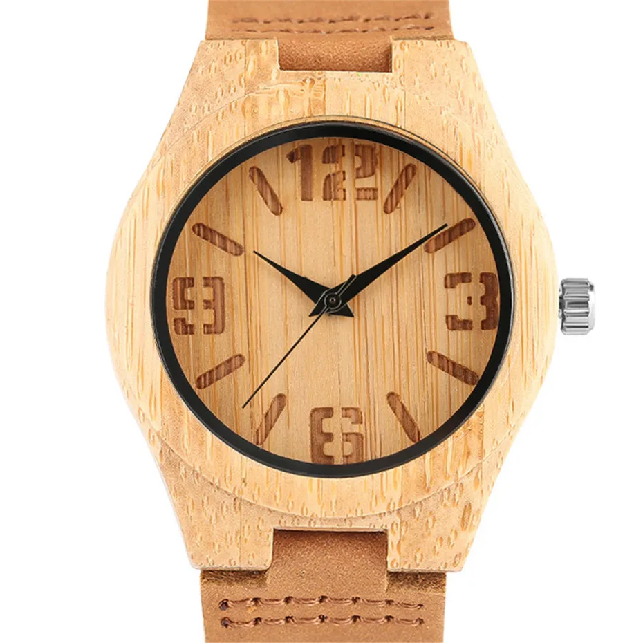 Trendy Minimalist Hot Clock Genuine Leather Band Strap Nature Wood Modern Women Simple Bamboo Handmade Quartz WristWatch (6)
