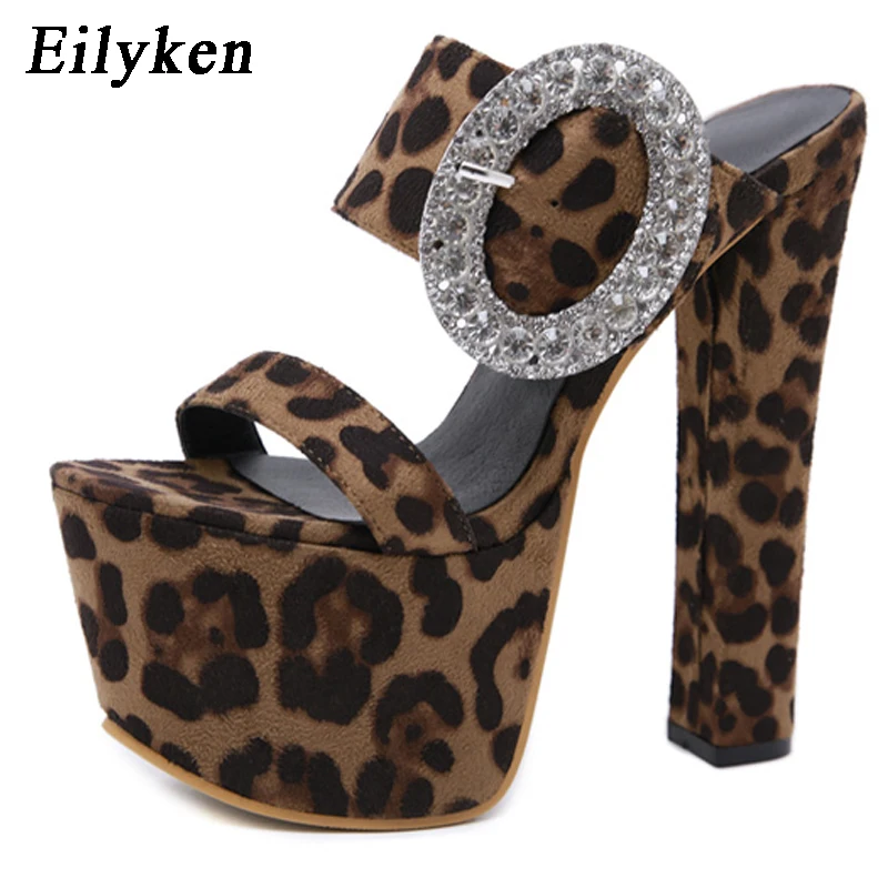 

Eilyken Sexy Leopard Extreme high heel Women Sandals Shoes Platform Pumps High Heel Stiletto Shoes Flock Metal Decoration
