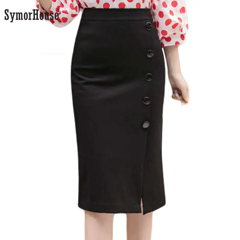 

Plus Size New Fashion 2019 Women Skirt Midi Skirt Slim OL Sexy Open Slit Button Slim Pencil Skirt Elegant Ladies Skirts 2 Colors