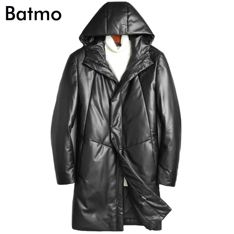 Batmo Новое поступление зимняя высококачественная длинная мужская куртка из овечьей кожи с капюшоном, теплое Мужское пальто из натуральной кожи
