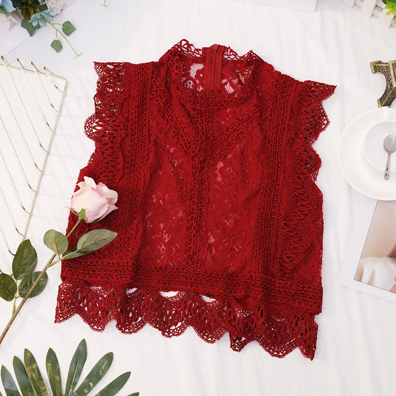 Летняя женская кружевная Базовая рубашка HISUMA без рукавов с круглым вырезом и