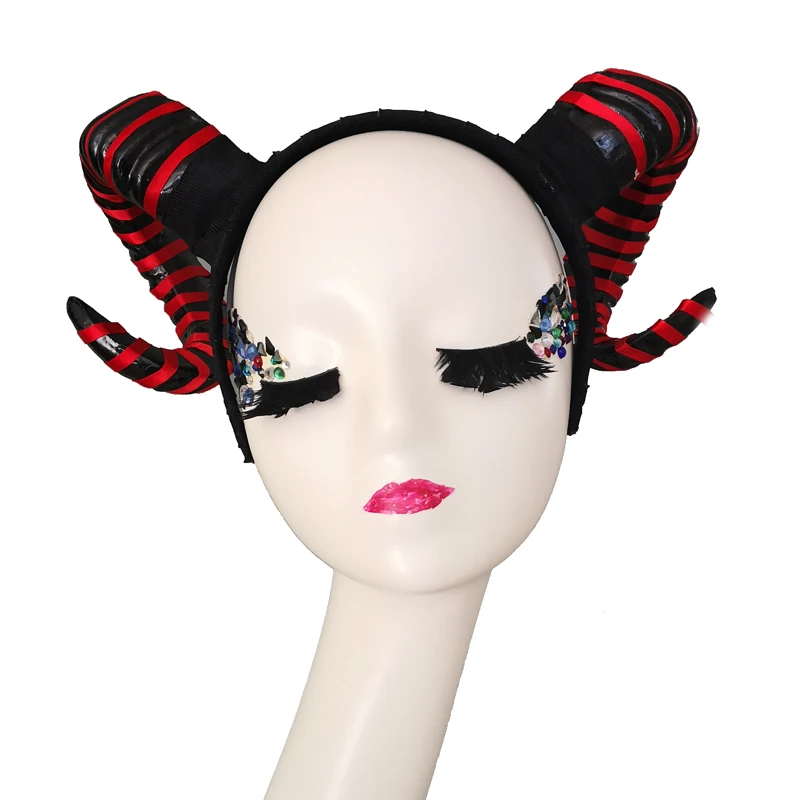 

Steampunk Red Ribbon Horns Headdress Gothic Headand Halloween Horns Cosplay Headpiece Photograph Hair Accessories