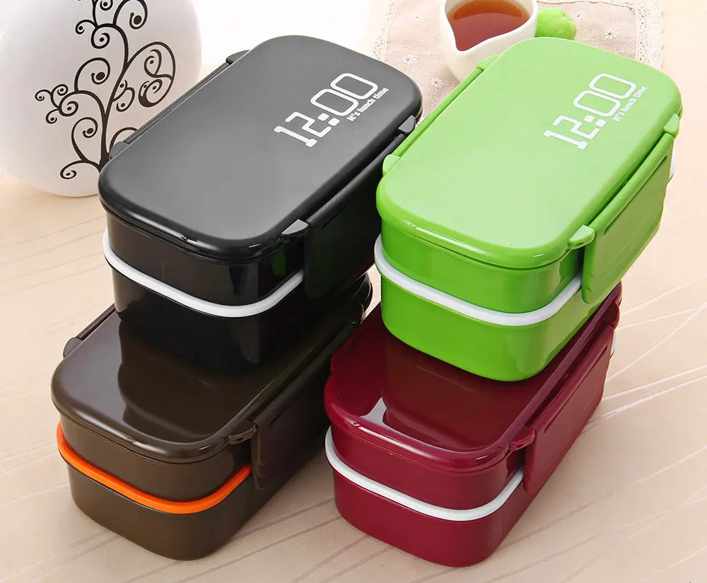 Comprar Envío Gratis 1200 Reloj 2 capas Bento caja de almuerzo 1.4L cajas de microondas contenedor de plástico para alimentos (00098)