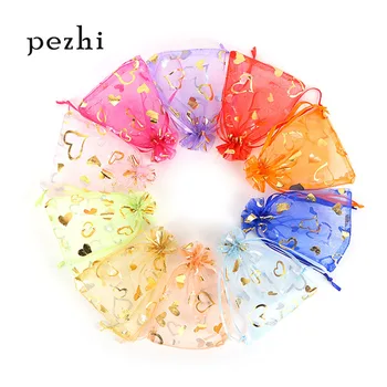 100PCS Bronzing peach heart-shaped pattern bunch yarn bag pearl mesh bag hand jewelry cosmetics sample bag
