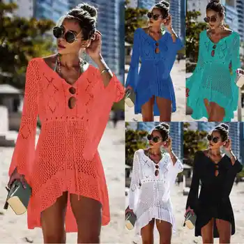 

Women Bathing Suit Lace Crochet Bikini Swimwear Cover Up Casual Beachwear Summer Solid Color Beach Lace Dress