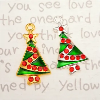 

20pcs Fashion dot red rhinestone enamel Christmas tree charms Jewelry Making earrings bracelet necklace DIY accessories 25*14mm