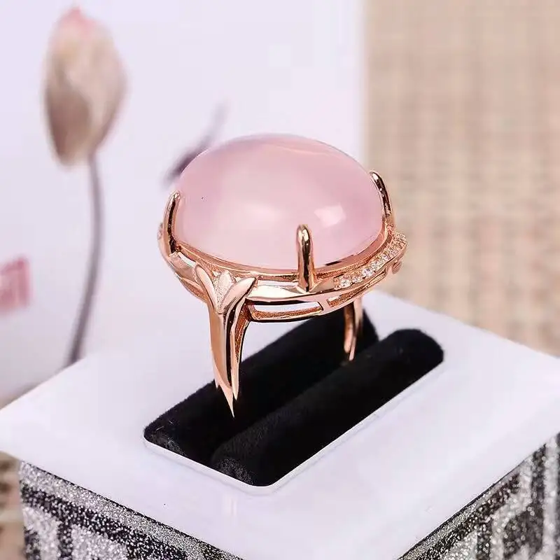 Винтажное серебряное кольцо с розовым кварцем, 15 мм* 20 мм, большой размер, кольцо с драгоценным камнем, однотонное 925 пробы кольцо, модное серебряное кольцо с розовым кварцем